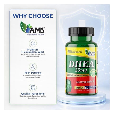 AMS DHEA 25mg Tablets, Age Defying Benefits - 60 Tablets
