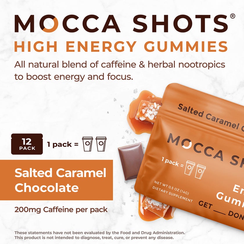 Seattle Gummy Mocca Shots Energy Gummies, Salted Caramel Chocolate - 12 Pack