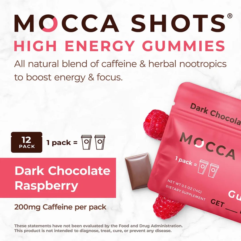 Seattle Gummy Mocca Shots Energy Gummies, Dark Chocolate Raspberry - 12 Pack