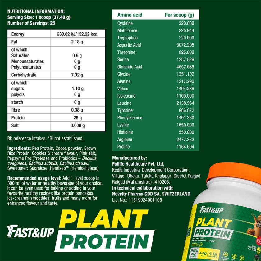 Fast&Up Cookie & Cream Plant Protein Powder - 26g Per Serving