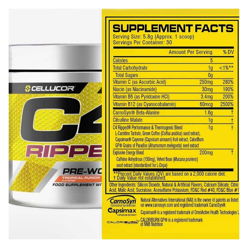 Cellucor C4 Ripped Pre-Workout Powder, Tropical Punch - 165g