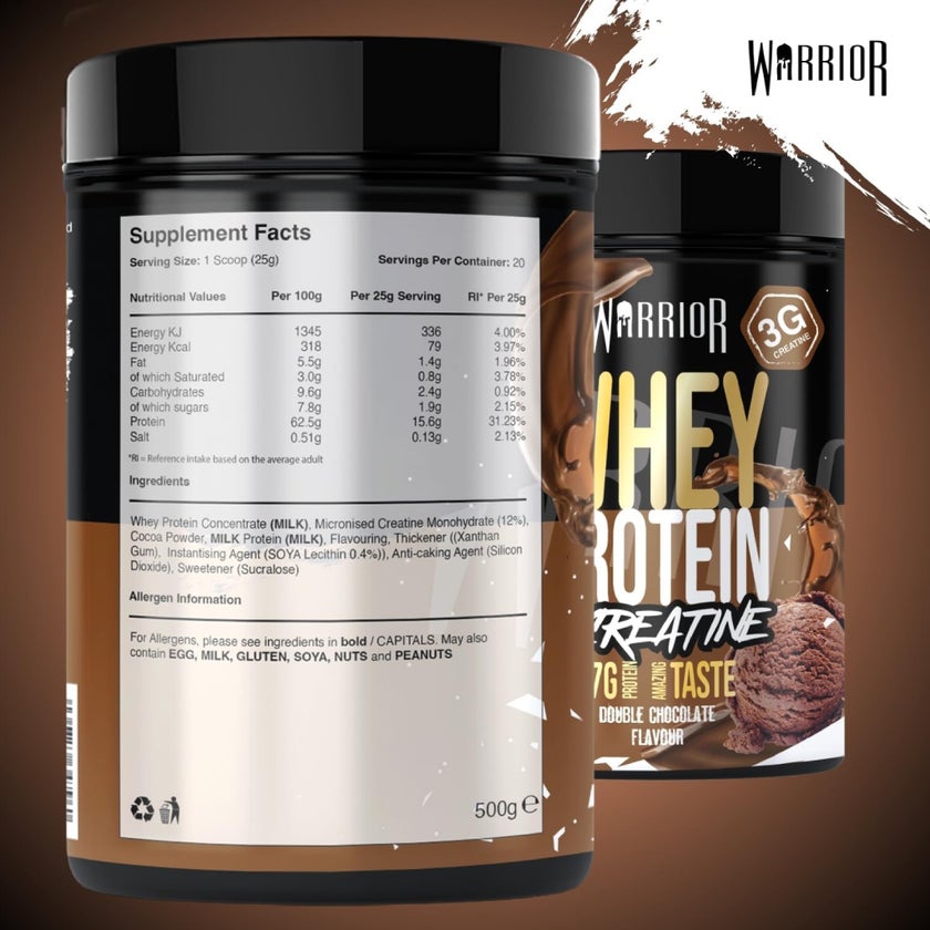 Warrior Whey Protein + Creatine Powder, Double Chocolate - 500g