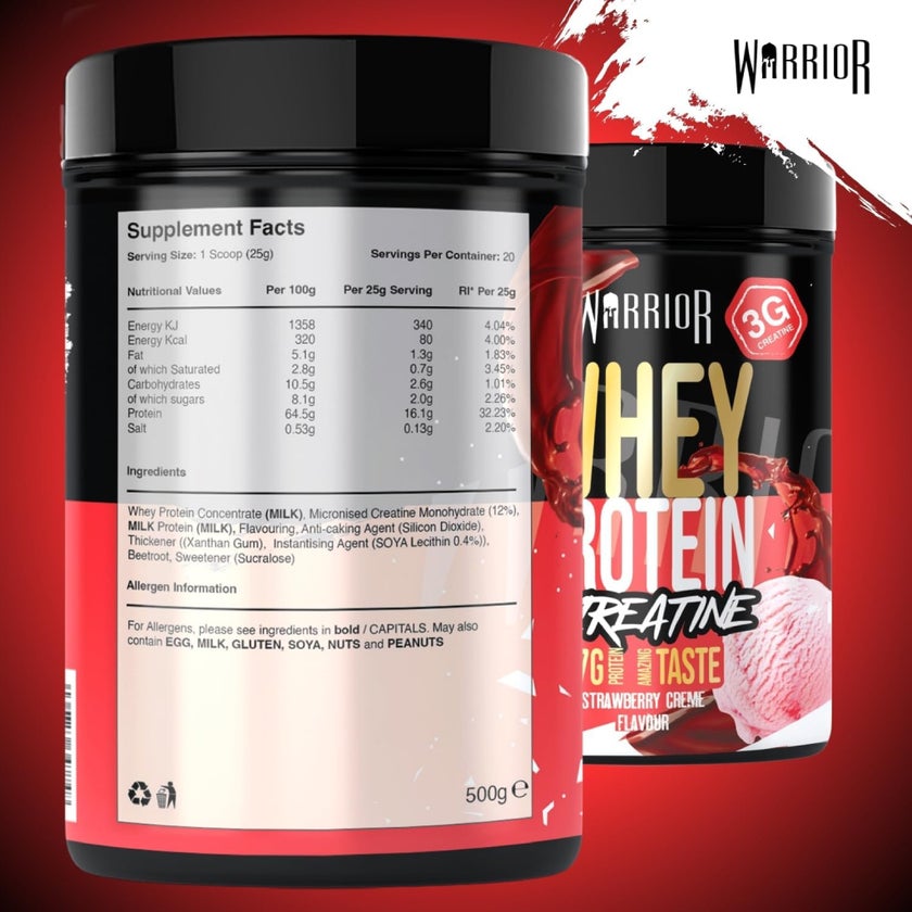 Warrior Whey Protein + Creatine Powder, Strawberry Creme - 500g