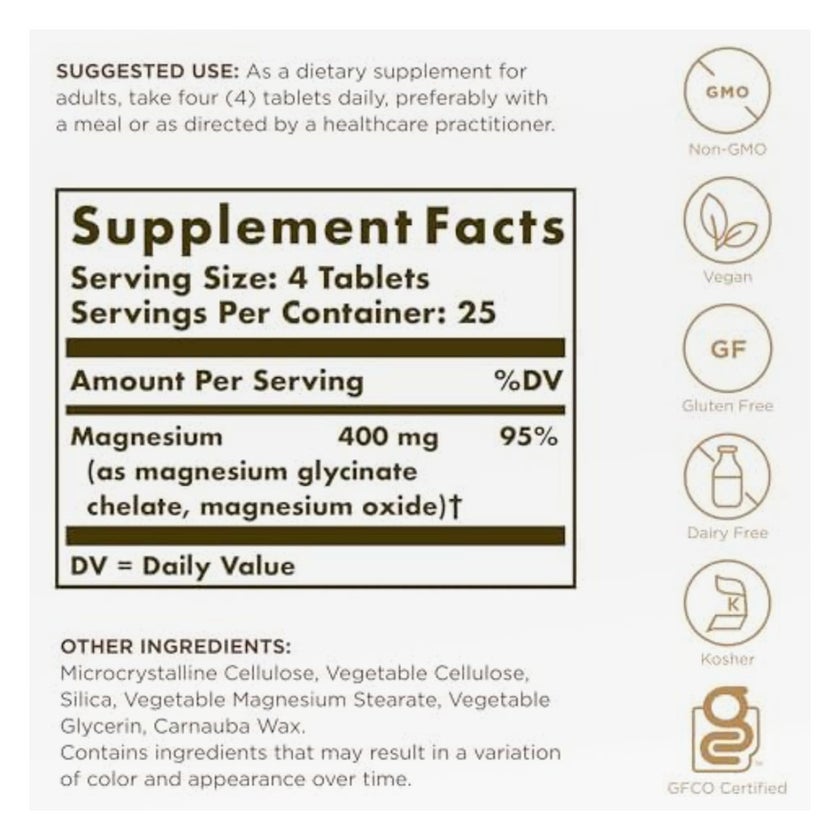 Solgar Chelated Magnesium Tablets - 100 Tablets