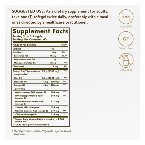 Solgar 1300mg Omega 3-6-9 Fish, Flax, Borage Softgels - 120 Softgels