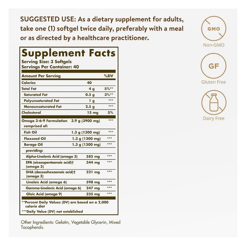 Solgar 1300mg Omega 3-6-9 Fish, Flax, Borage Softgels - 120 Softgels