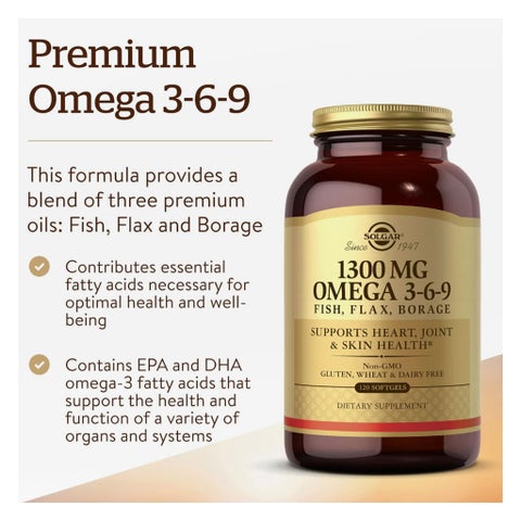 Solgar 1300mg Omega 3-6-9 Fish, Flax, Borage Softgels - 120 Softgels