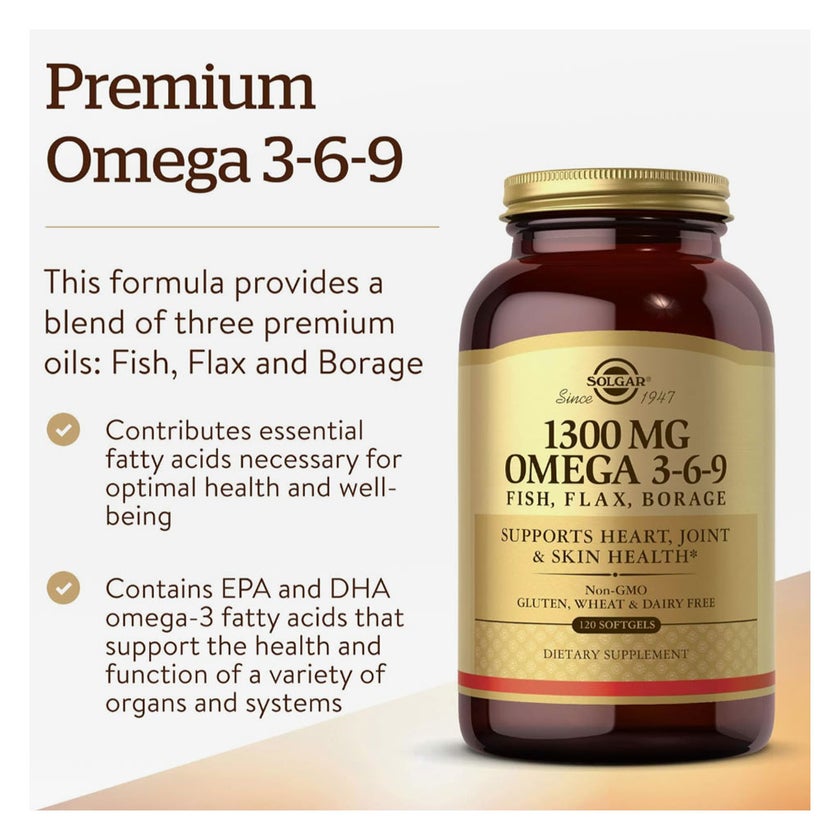 Solgar 1300mg Omega 3-6-9 Fish, Flax, Borage Softgels - 120 Softgels