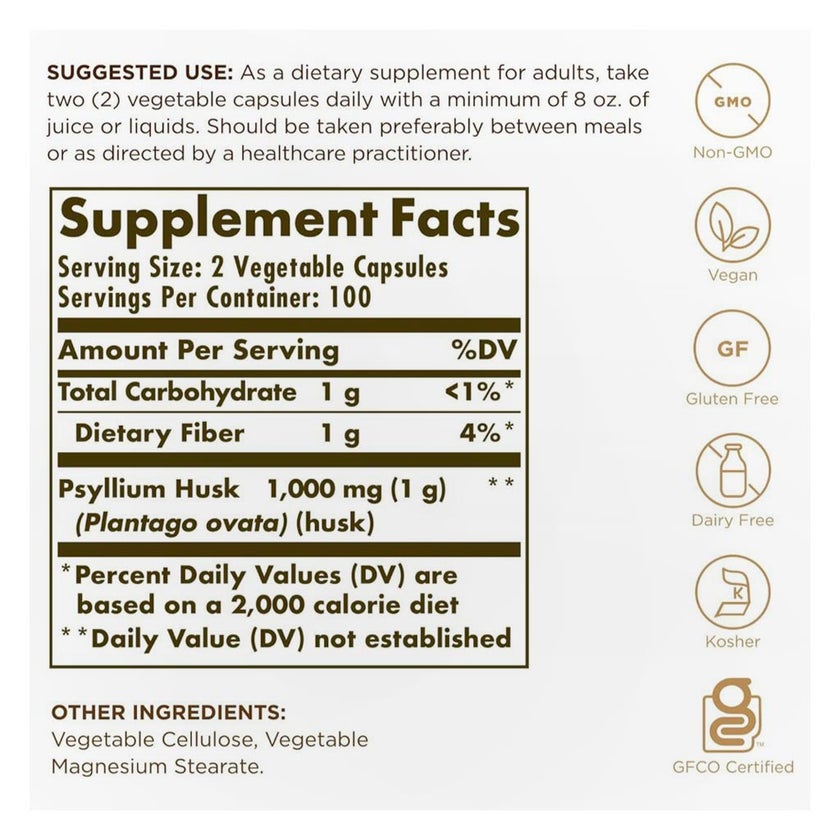 Solgar Psyllium Husks Fiber 500mg Capsules - 200 Capsules