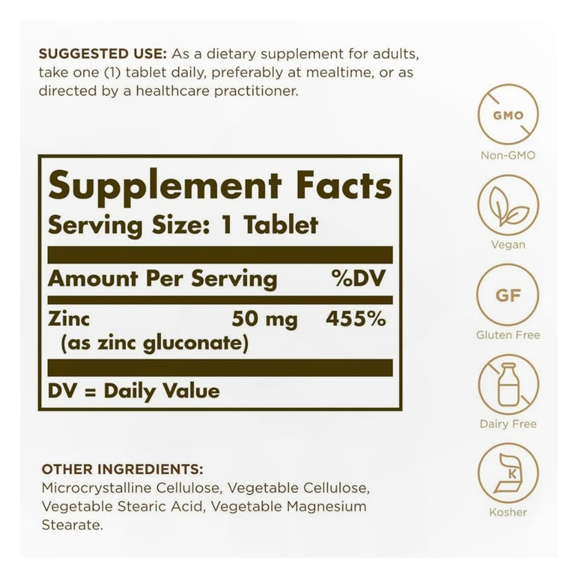 Solgar Zinc 50mg Tablets - 100 Tablets