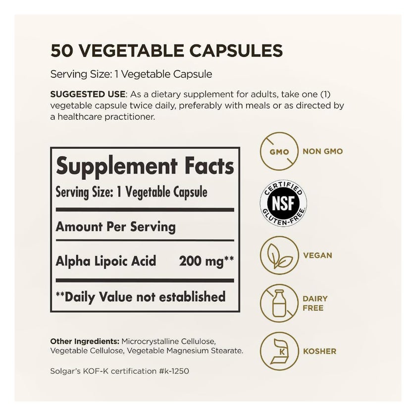 Solgar Alpha Lipoic 200mg Veg Capsules - 50 Capsules