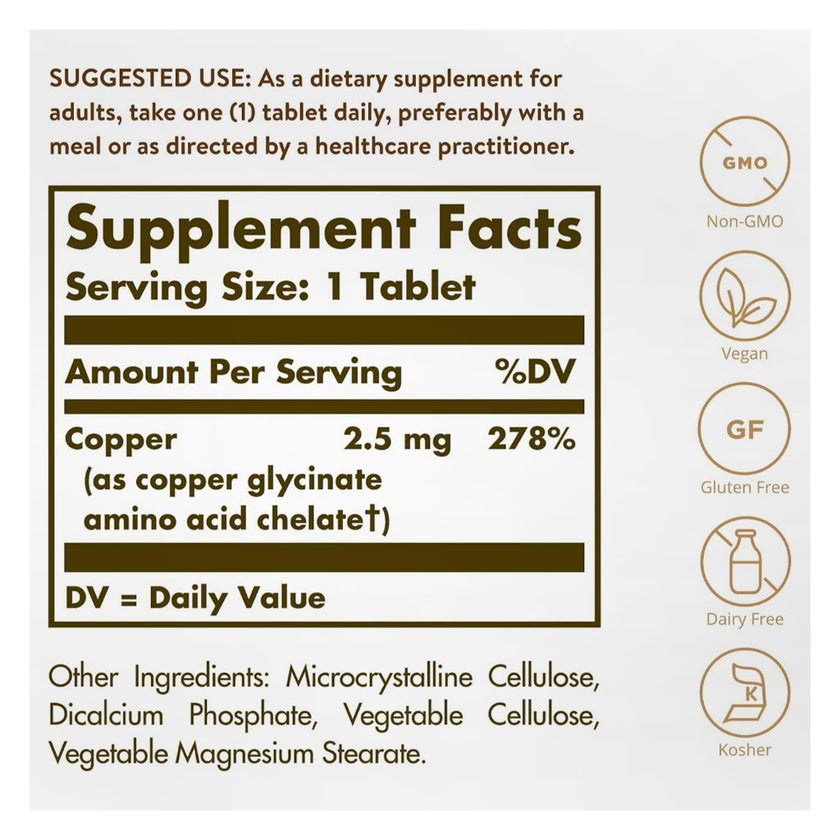 Solgar Chelated Copper Tablets - 100 Tablets