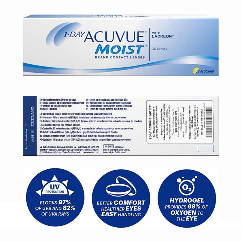 Acuvue Moist 1-Day Clear Contact Lenses, Base Curve 8.5, Pack of 30's
