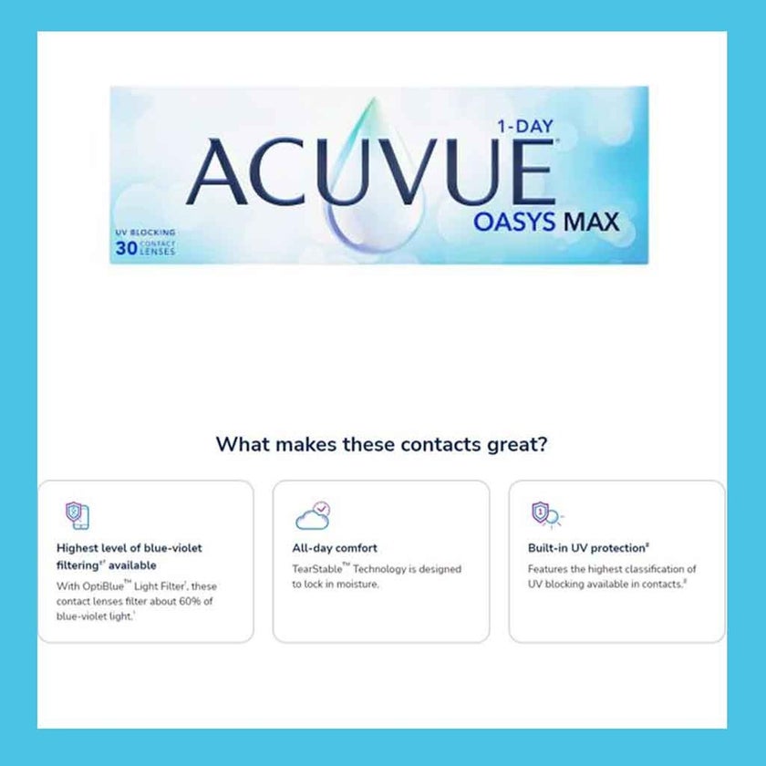 Acuvue Oasys Max 1-Day Clear Contact Lenses, Base Curve 8.5, Pack of 30's
